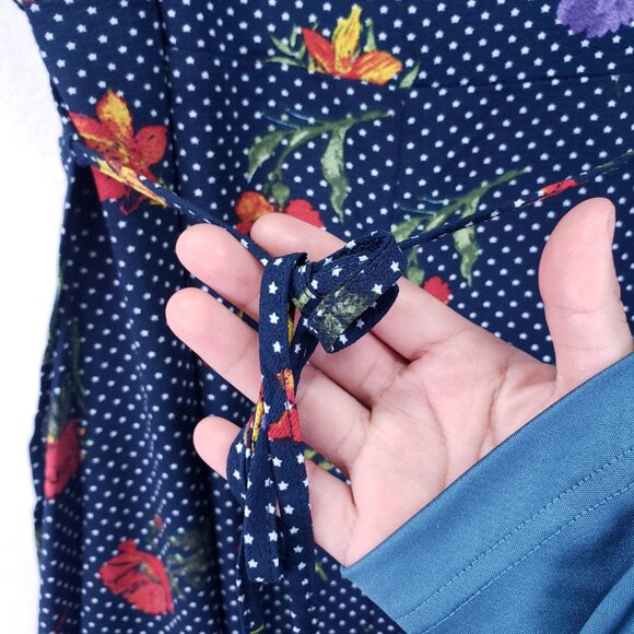 Wrapper Navy Blue Mini Stars Colorful Floral Lightweight Wrap Mid Dress Size L - Picture 11 of 13